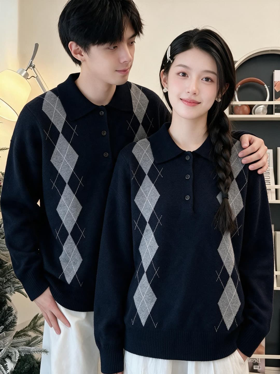 높은 품질 오래된 돈 바람 링 그리드 POLO 칼라 니트 스웨터 남녀 커플 섹션 상세 이미지 6