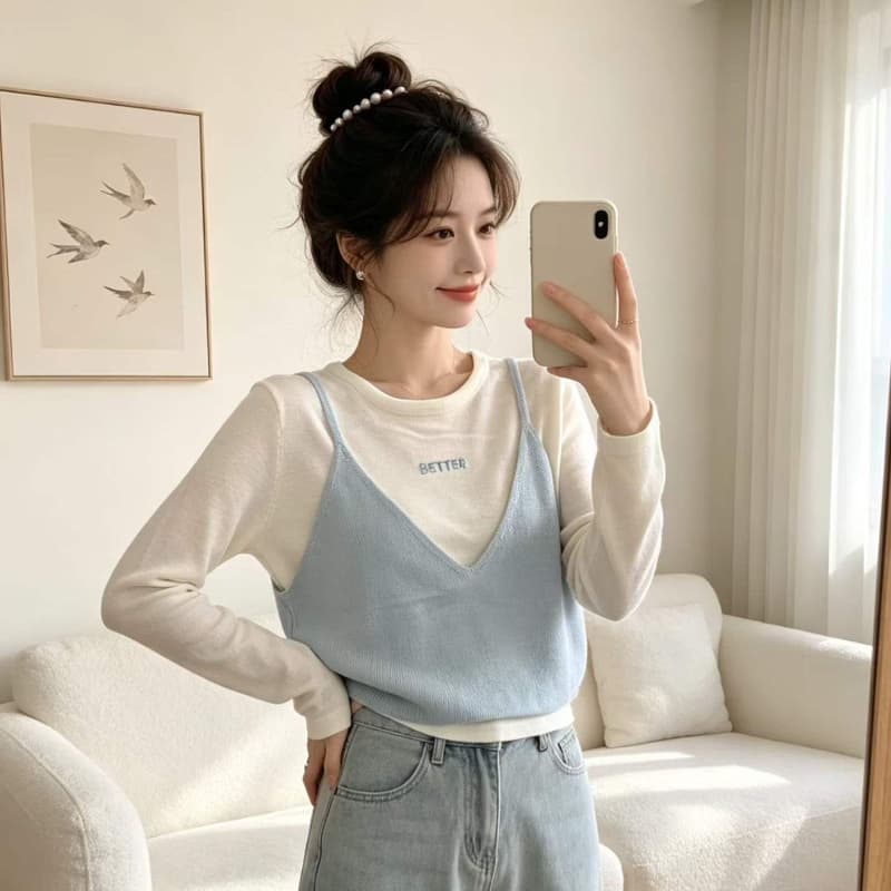 슈퍼 화재 연령 감소 슬립 페이크 레이어드 긴팔 티셔츠 여성 여름 디자인 센스 아름다운 아름다운 작은 니트 맨위 이미지 2