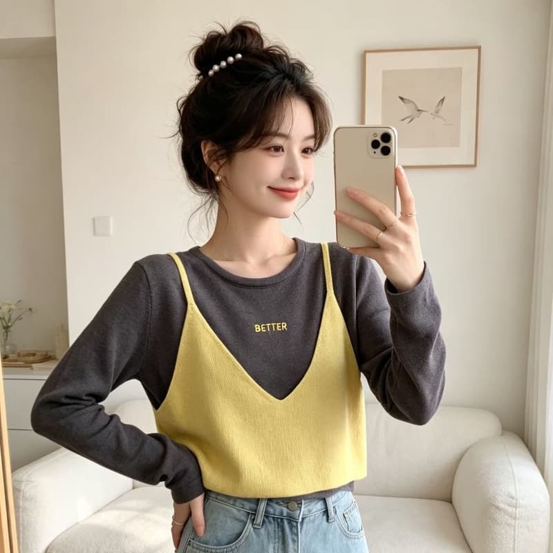 슈퍼 화재 연령 감소 슬립 페이크 레이어드 긴팔 티셔츠 여성 여름 디자인 센스 아름다운 아름다운 작은 니트 맨위 상세 이미지 3