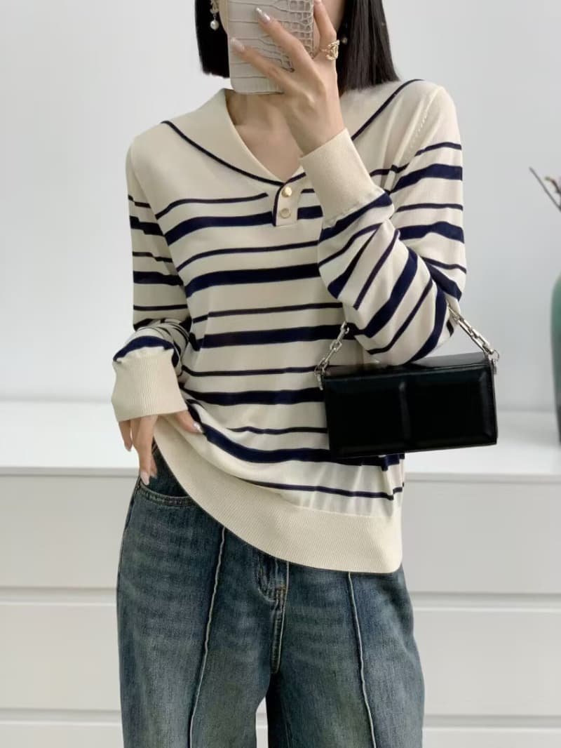 2026 봄 드레스 새로운 긴팔 주간 실크 해상 바람 폴로 칼라 연령 감소 스트라이프 풀오버 니트 스웨터 맨위 여성 기본 셔츠 이미지 2