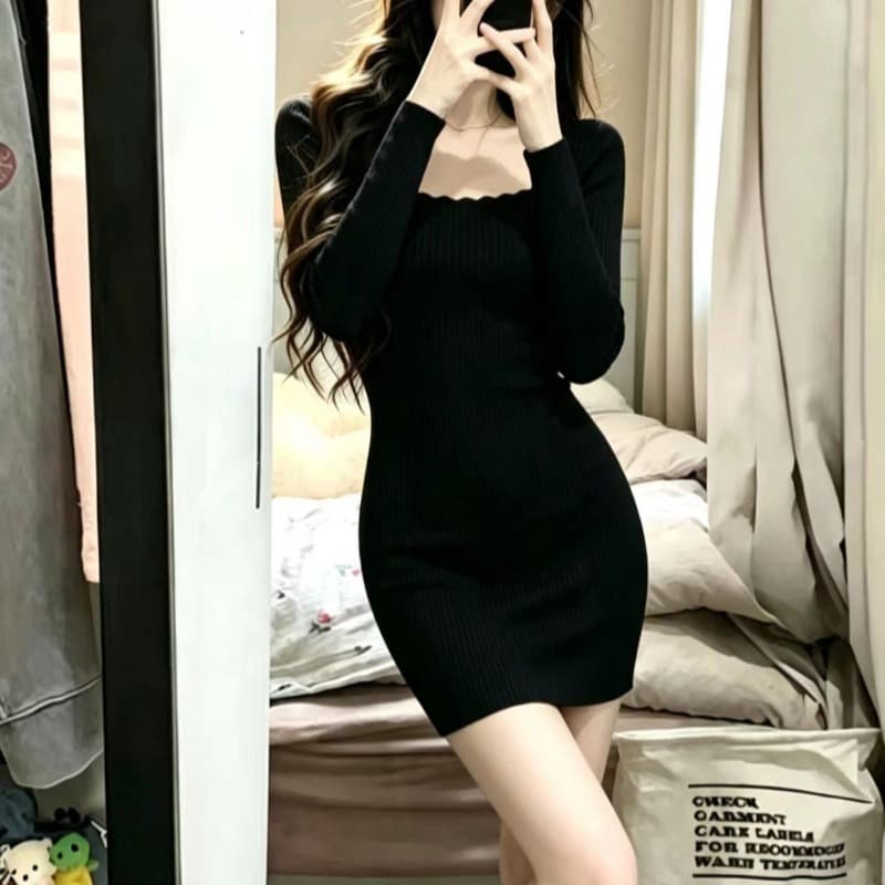한 부서 순수한 욕망 핫걸 광장 칼라 검정색 니트 여성 드레스 가을 겨울 작은 키 허리 수축 디스플레이 몸 타이트 스커트 미니 스커트 이미지 5