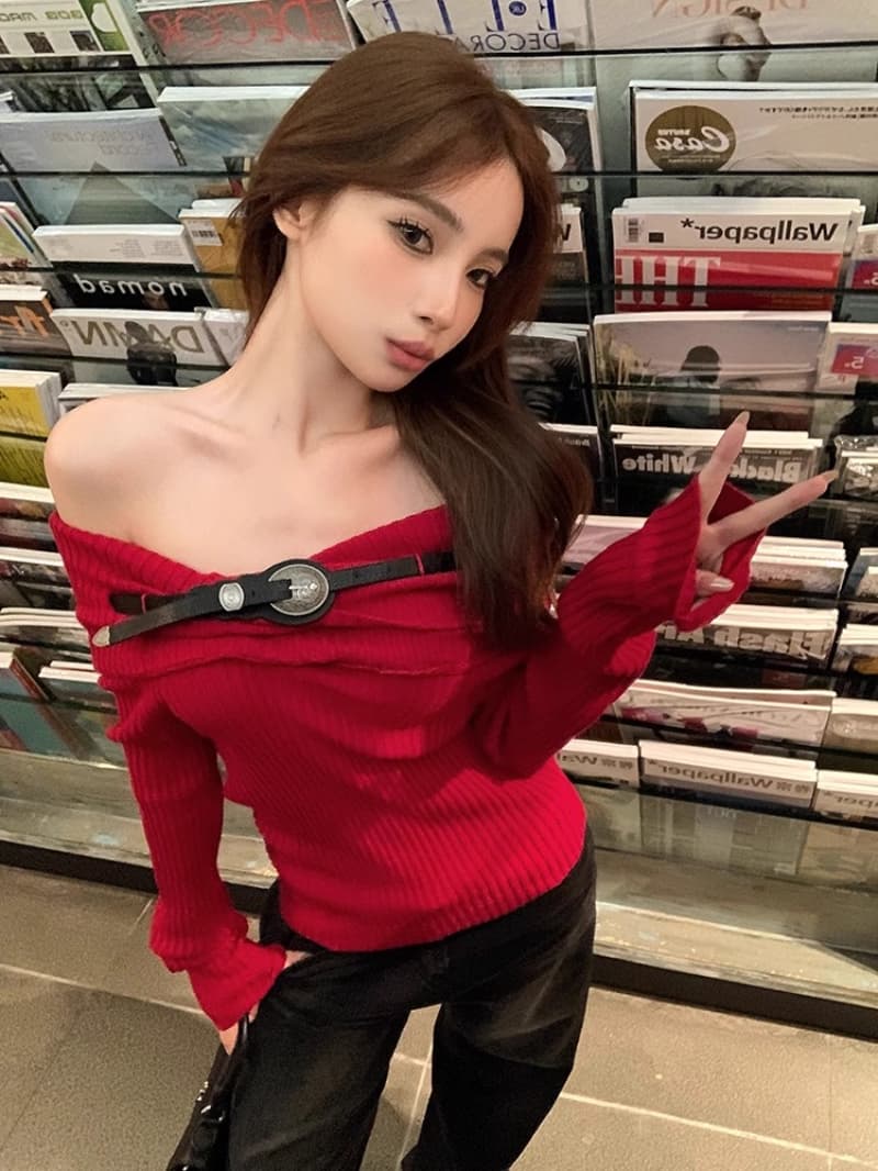 패키지 코어 실 핫걸 오프숄더 긴팔 스웨터 니트 스웨터 여성 겨울 디자인 센스 몸매 가꾸기 만나는 맨위 이미지 3