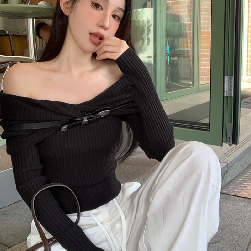 패키지 코어 실 핫걸 오프숄더 긴팔 스웨터 니트 스웨터 여성 겨울 디자인 센스 몸매 가꾸기 만나는 맨위 이미지 5