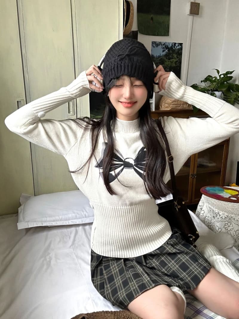 패키지 코어 실 아메리칸 나비 매듭 허리 수축 반하이넥 스웨터 여자 가을 긴팔 니트 스웨터 맨위 디자인 센스 상세 이미지 3
