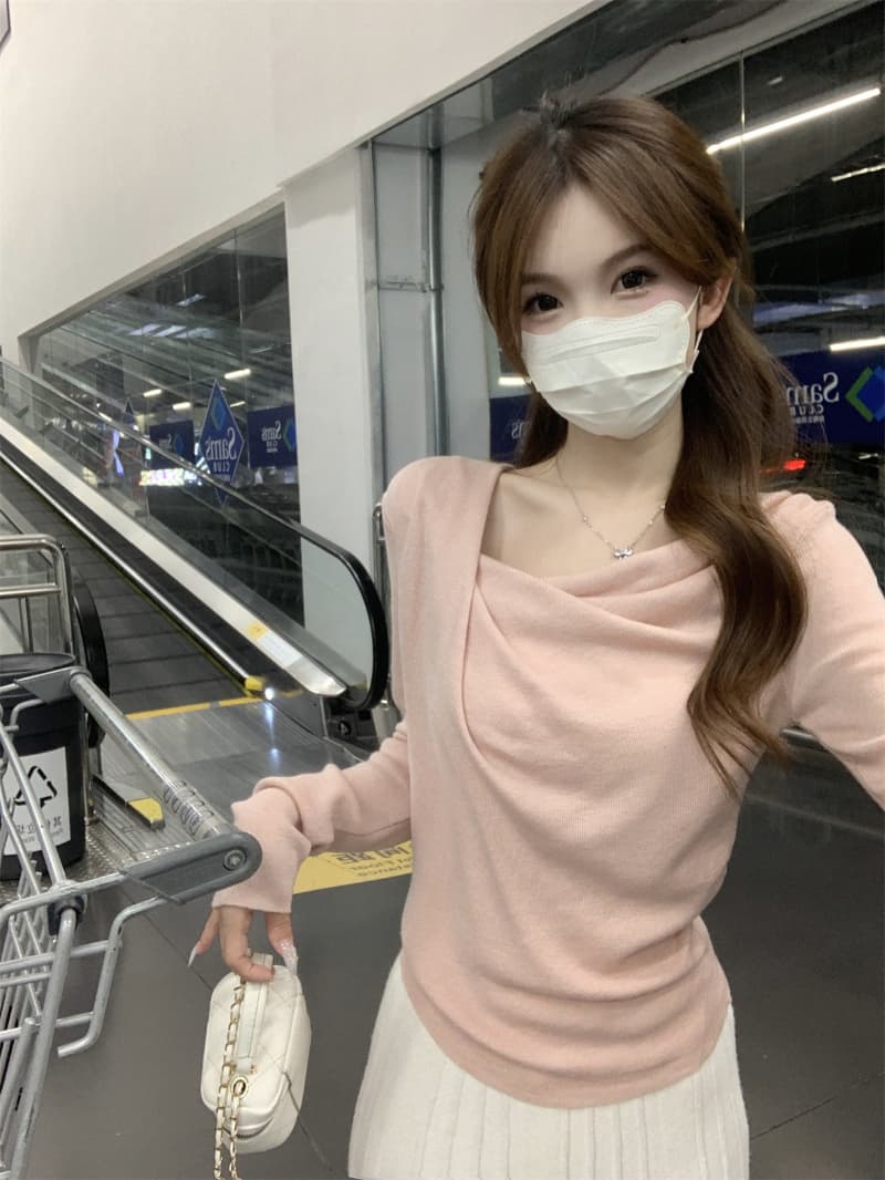 광저우 열세 개 여성 의류 고급 유럽 상품 오프숄더 흔들다 칼라 긴팔 니트 기본 셔츠 인사이드 잡아라. 의류 봄 가을 상세 이미지 17