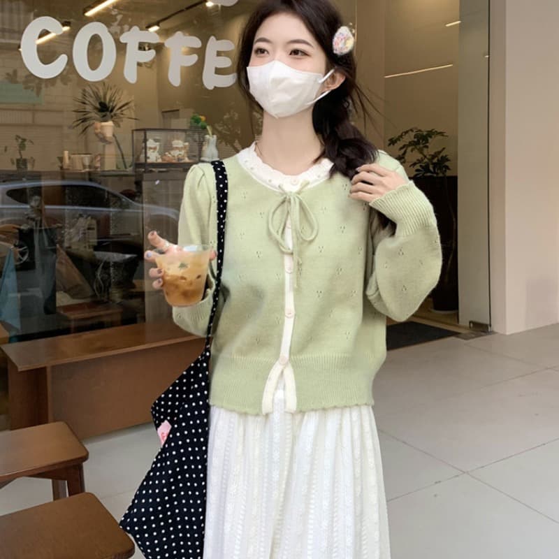 우유 부서 달콤함 부드러운 찹쌀 오픈 가디건 스웨터 여자 봄 가을 학원 스타일 홀로우 아웃 쇼트 스타일 블라우스 작은 키 니트 재킷 이미지 5