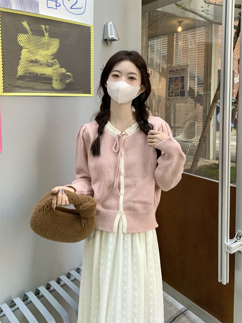 우유 부서 달콤함 부드러운 찹쌀 오픈 가디건 스웨터 여자 봄 가을 학원 스타일 홀로우 아웃 쇼트 스타일 블라우스 작은 키 니트 재킷 상세 이미지 3