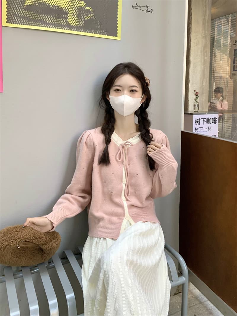우유 부서 달콤함 부드러운 찹쌀 오픈 가디건 스웨터 여자 봄 가을 학원 스타일 홀로우 아웃 쇼트 스타일 블라우스 작은 키 니트 재킷 상세 이미지 6