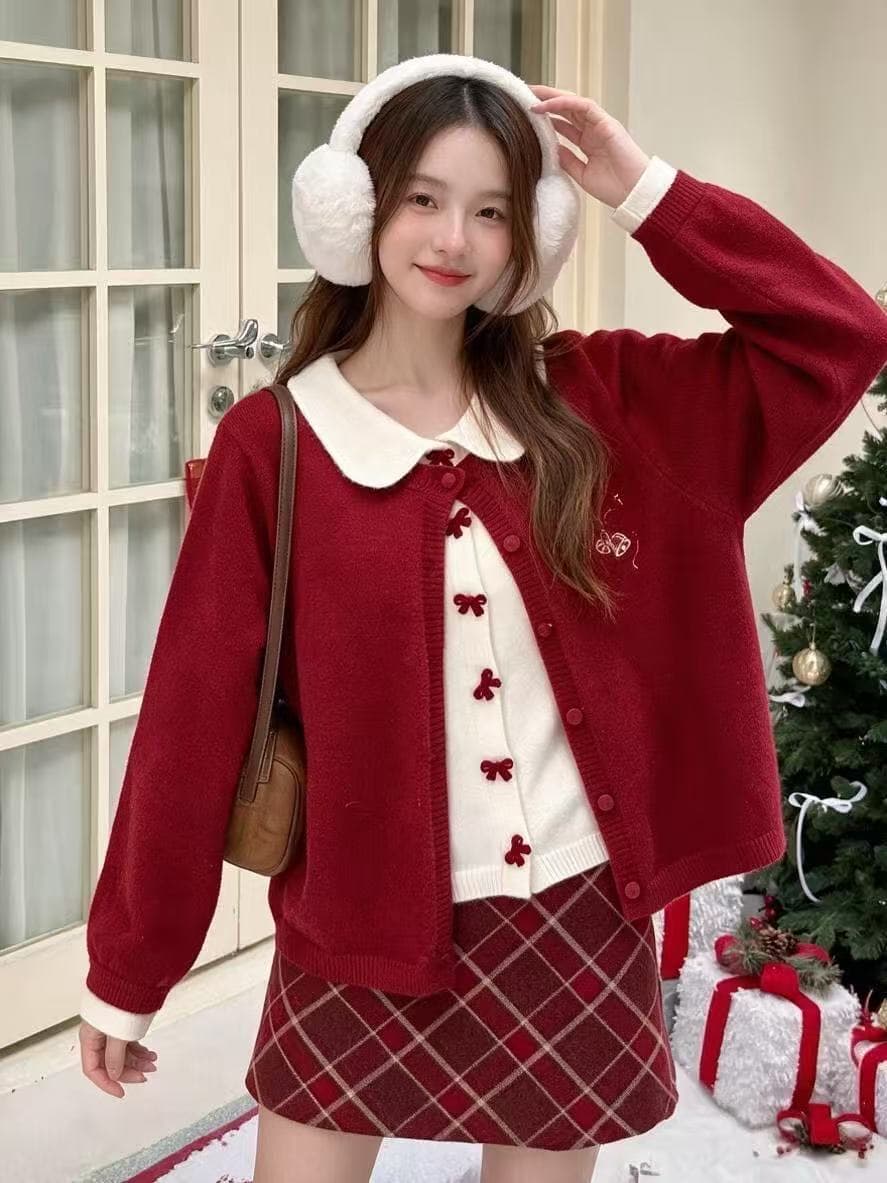 프랑스식 달콤함 나비 매듭 루즈핏 니트 오픈 가디건 여성 봄 가을 새로운 디자인 센스 작은 대중 페이크 레이어드 맨위