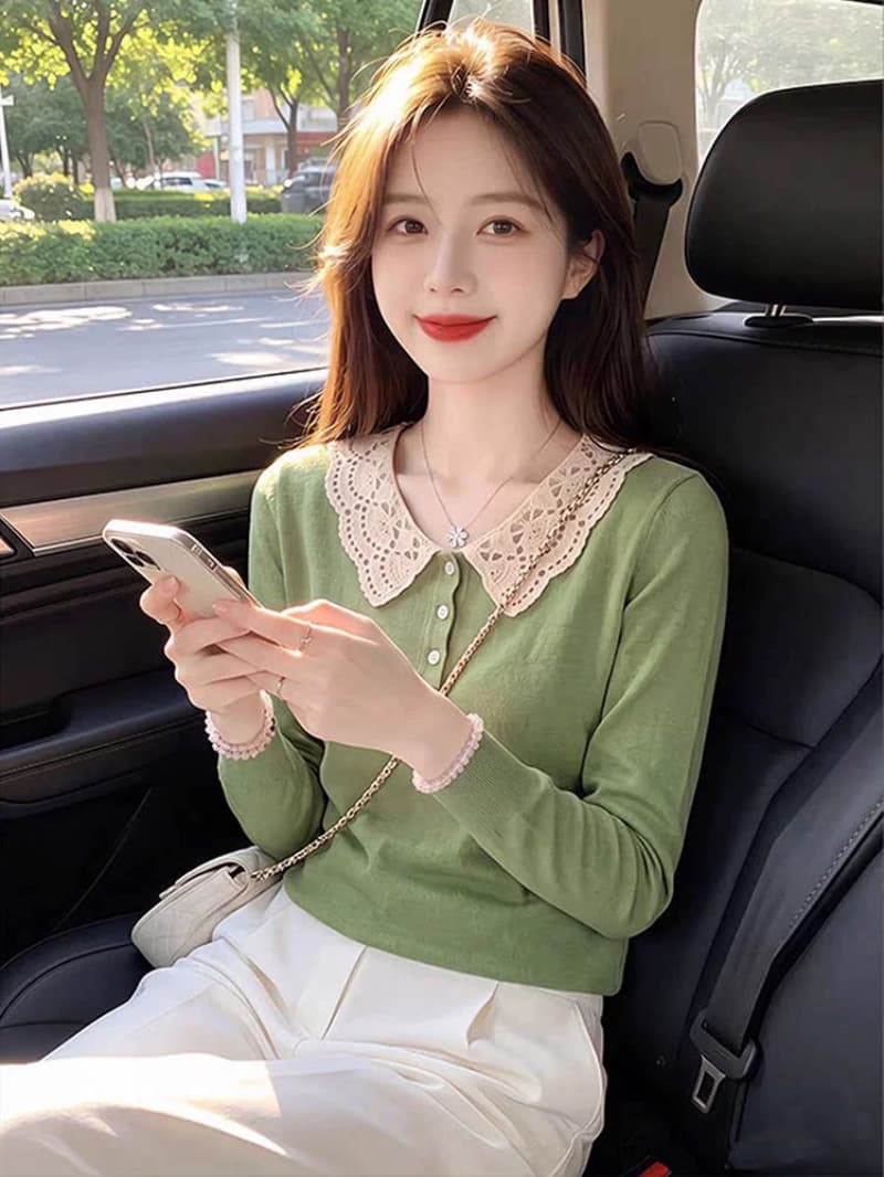 한 부서 연령 감소 베이비 칼라 레이스 조각 만나는 니트 스웨터 여성 2026 가을 긴팔 슬림해 보이는 디자인 센스 맨위 상세 이미지 4