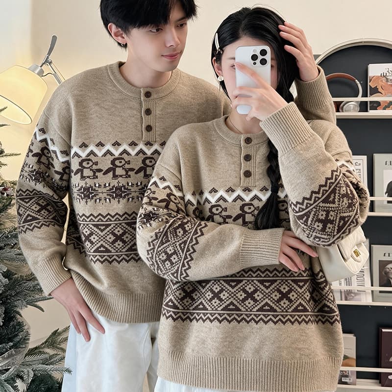 높은 품질 스트라이프 헨리 칼라 스웨터 남녀 가을 겨울 루즈핏 캐주얼 맨위 상세 이미지 3