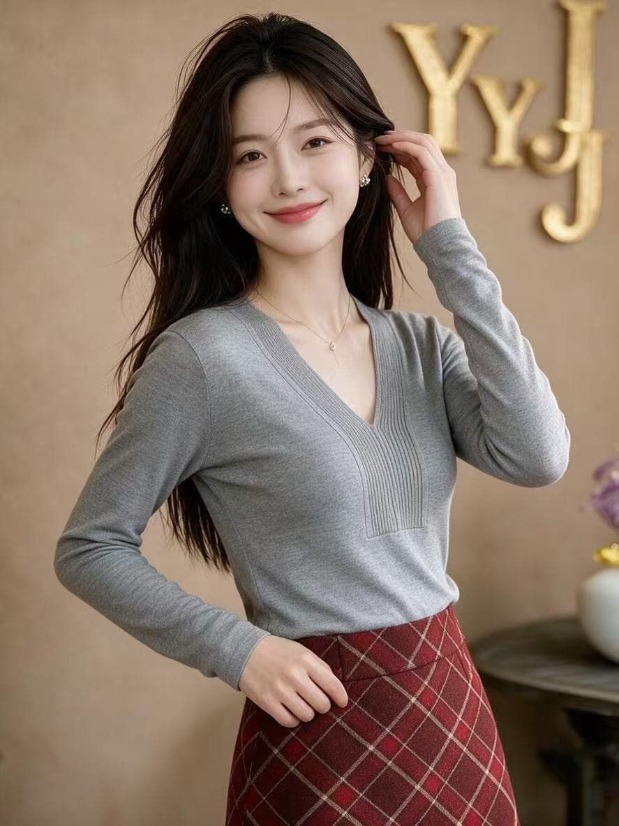 V넥 긴팔 니트 스웨터 여성 가을 2026 새로운 몸매 가꾸기 품격 인사이드 가져 가라. 예쁜 스웨터 상세 이미지 9