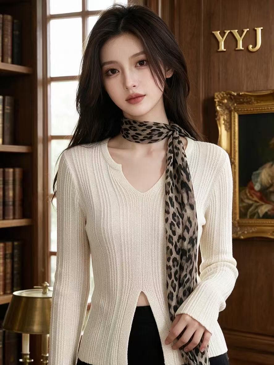 경기 스카프 니트 스웨터 여성 패션 V넥 트임 이른 가을 디자인 센스 작은 대중 Chic 프랑스식 스웨터 이미지 2