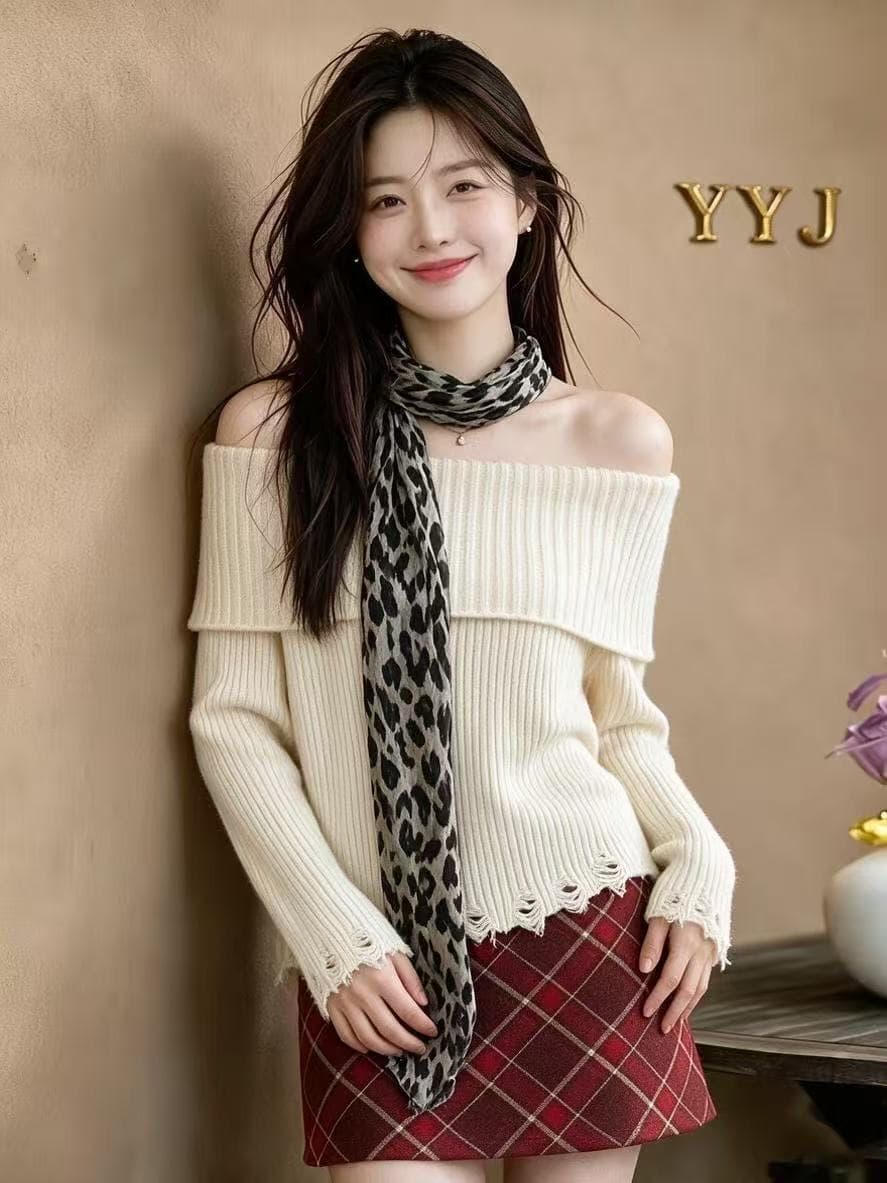 경기 레오파드 무늬 스카프 오프숄더 니트 맨위 여성 찢어진 부분 거친 가장자리 핫걸 오프숄더 가을 긴팔 스웨터 이미지 3