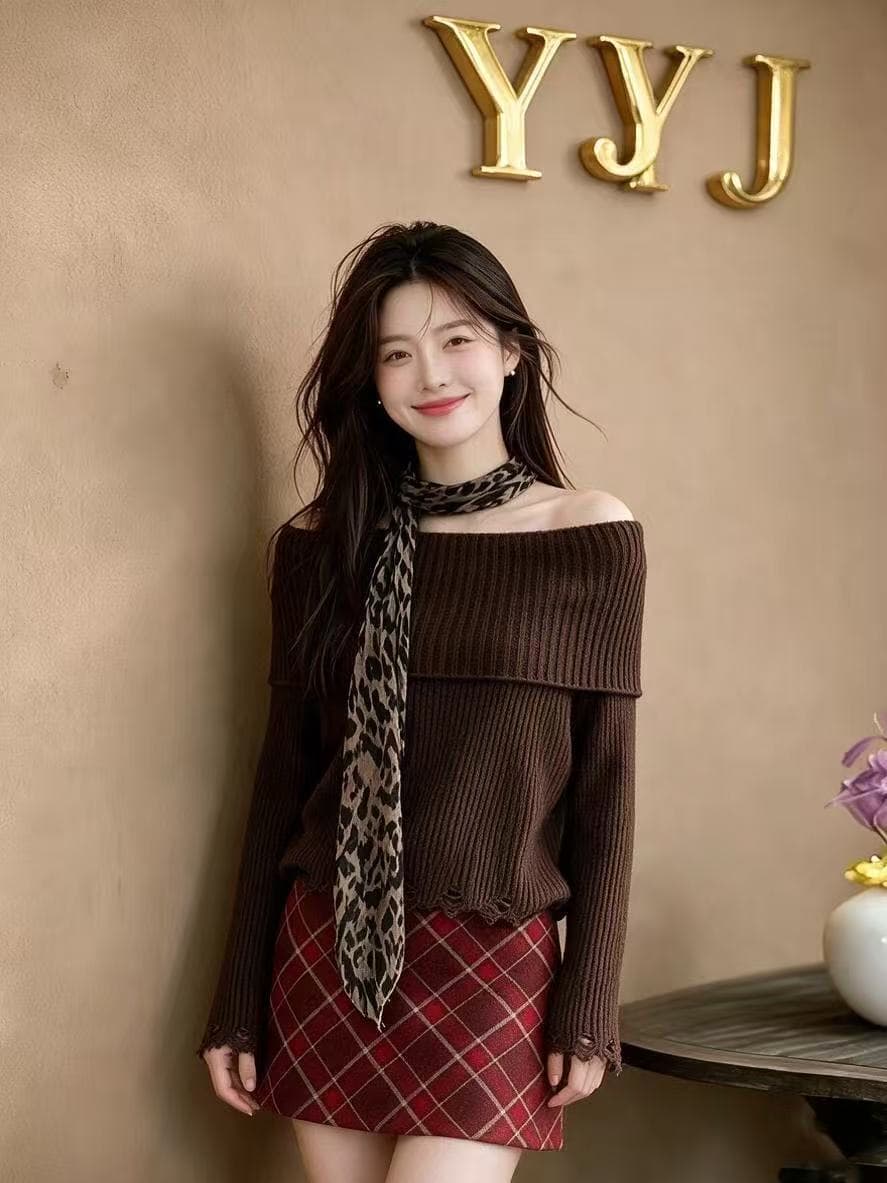 경기 레오파드 무늬 스카프 오프숄더 니트 맨위 여성 찢어진 부분 거친 가장자리 핫걸 오프숄더 가을 긴팔 스웨터 상세 이미지 1