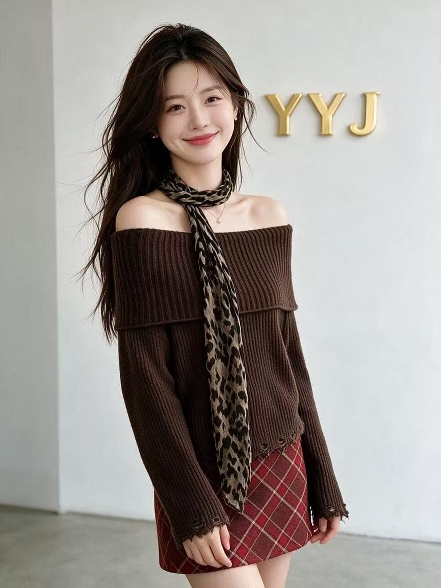 경기 레오파드 무늬 스카프 오프숄더 니트 맨위 여성 찢어진 부분 거친 가장자리 핫걸 오프숄더 가을 긴팔 스웨터 상세 이미지 2