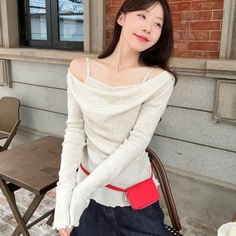 프랑스식 흔들다 칼라 페이크 레이어드 긴팔 니트 스웨터 여성 2026 봄 가을 새로운 몸매 가꾸기 오프숄더 이른 가을 chic 맨위 상세 이미지 11