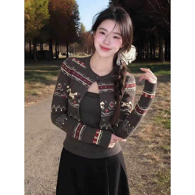 북극 플러시 워시 물 한 부서 고급 센스 자카드 니트 오픈 가디건 봄 가을 맨위 투피스 슈트 여성 이미지 5