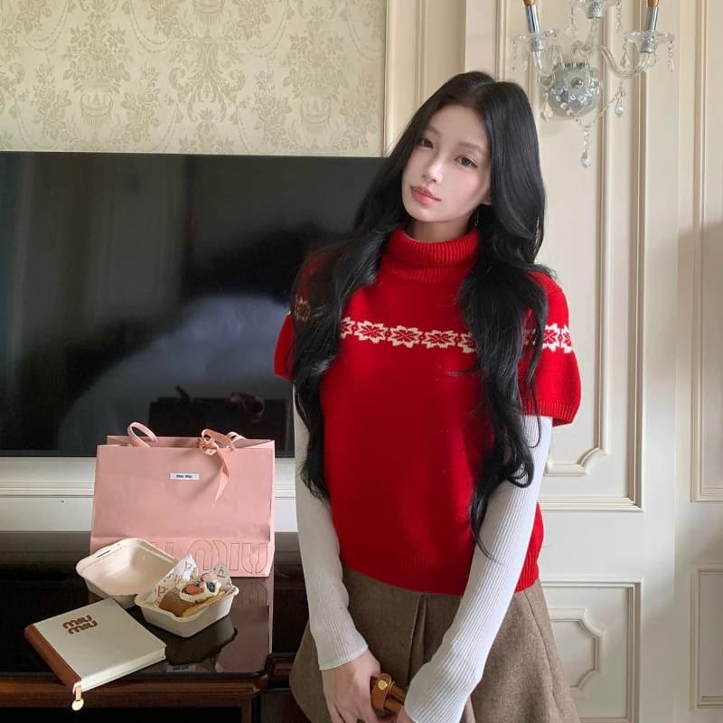 패키지 코어 실 워시 물 레트로 공정한 섬 자카드 반팔 스웨터 여자 가을 겨울 연령 감소 슬림해 보이는 니트 맨위 상세 이미지 5