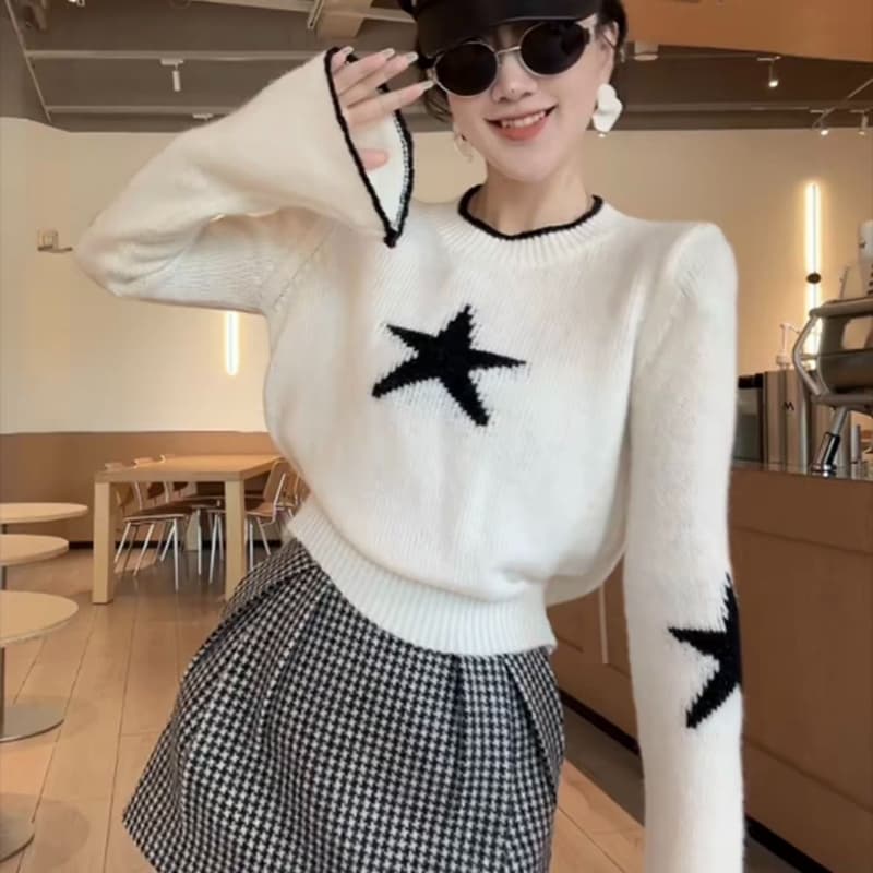 북극 플러시 워시 물 한 부서 나팔 소매 별 니트 스웨터 가을과 겨울 품격 연령 감소 작은 대중 다용도 맨위 상세 이미지 2