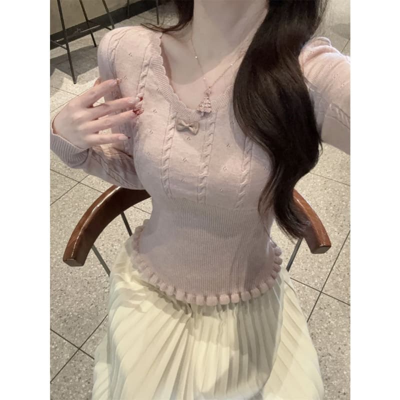 앤디 플러시 워시 물 나비 매듭 레이스 V넥 꽈배기 니트 스웨터 여성 봄 허리 수축 슬림해 보이는 긴팔 이미지 5