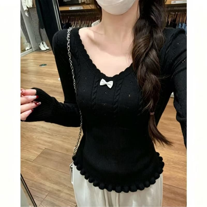 앤디 플러시 워시 물 나비 매듭 레이스 V넥 꽈배기 니트 스웨터 여성 봄 허리 수축 슬림해 보이는 긴팔 이미지 3
