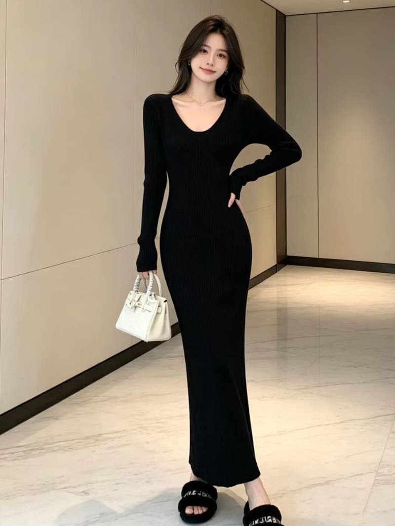 빛 요리 한 우아함 바람 살구 색상 긴팔 니트 여성 드레스 2026 가을 겨울 고급 센스 인사이드 가져 가라. 예쁜 스웨터 롱 스커트 이미지 4