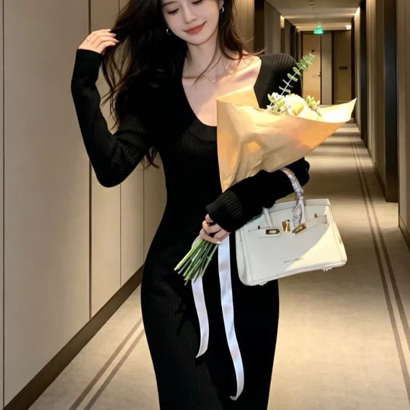 빛 요리 한 우아함 바람 살구 색상 긴팔 니트 여성 드레스 2026 가을 겨울 고급 센스 인사이드 가져 가라. 예쁜 스웨터 롱 스커트 이미지 5