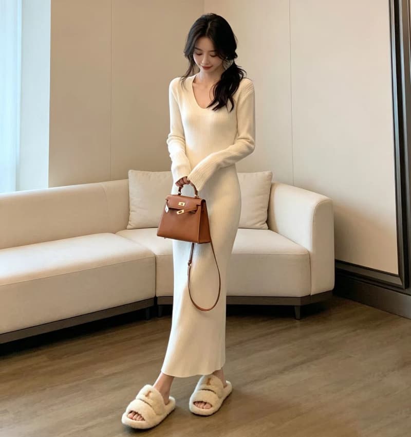빛 요리 한 우아함 바람 살구 색상 긴팔 니트 여성 드레스 2026 가을 겨울 고급 센스 인사이드 가져 가라. 예쁜 스웨터 롱 스커트 상세 이미지 7