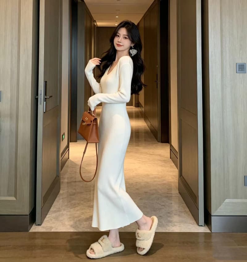 빛 요리 한 우아함 바람 살구 색상 긴팔 니트 여성 드레스 2026 가을 겨울 고급 센스 인사이드 가져 가라. 예쁜 스웨터 롱 스커트 상세 이미지 8