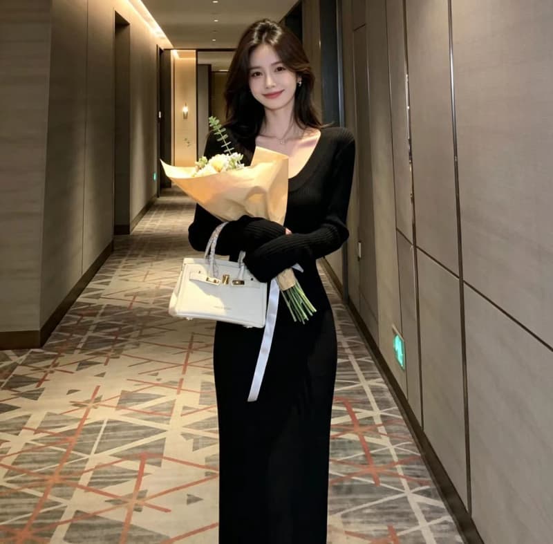빛 요리 한 우아함 바람 살구 색상 긴팔 니트 여성 드레스 2026 가을 겨울 고급 센스 인사이드 가져 가라. 예쁜 스웨터 롱 스커트 상세 이미지 14