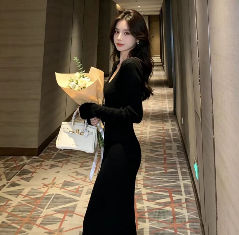 빛 요리 한 우아함 바람 살구 색상 긴팔 니트 여성 드레스 2026 가을 겨울 고급 센스 인사이드 가져 가라. 예쁜 스웨터 롱 스커트 상세 이미지 15