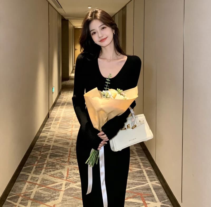 빛 요리 한 우아함 바람 살구 색상 긴팔 니트 여성 드레스 2026 가을 겨울 고급 센스 인사이드 가져 가라. 예쁜 스웨터 롱 스커트 상세 이미지 18
