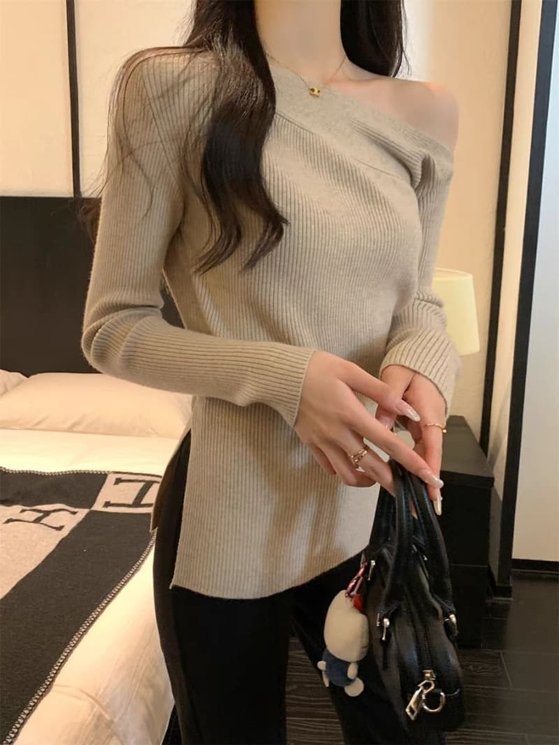 실광택 코튼 한국 스타일 비스듬한 칼라 오프숄더 긴팔 니트 스웨터 스웨터 여자 가을 겨울 몸매 가꾸기 불규칙 맨위 상세 이미지 11
