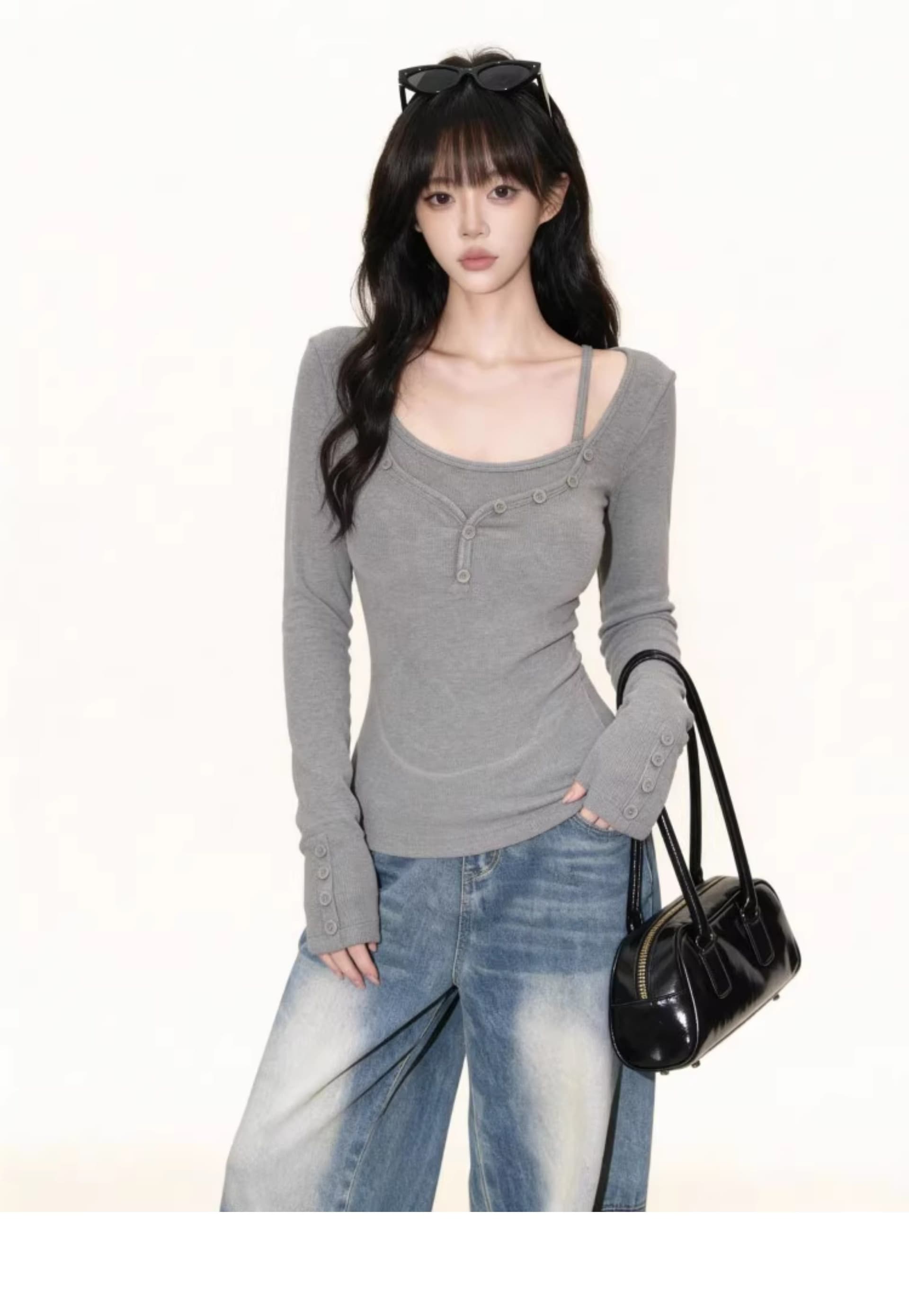 한국 chic2026 봄 새로운 아메리칸 페이크 레이어드 티셔츠 여성 긴 소매 몸매 가꾸기 인사이드 가져 가라. 기본 셔츠 맨위 트렌디 상세 이미지 15