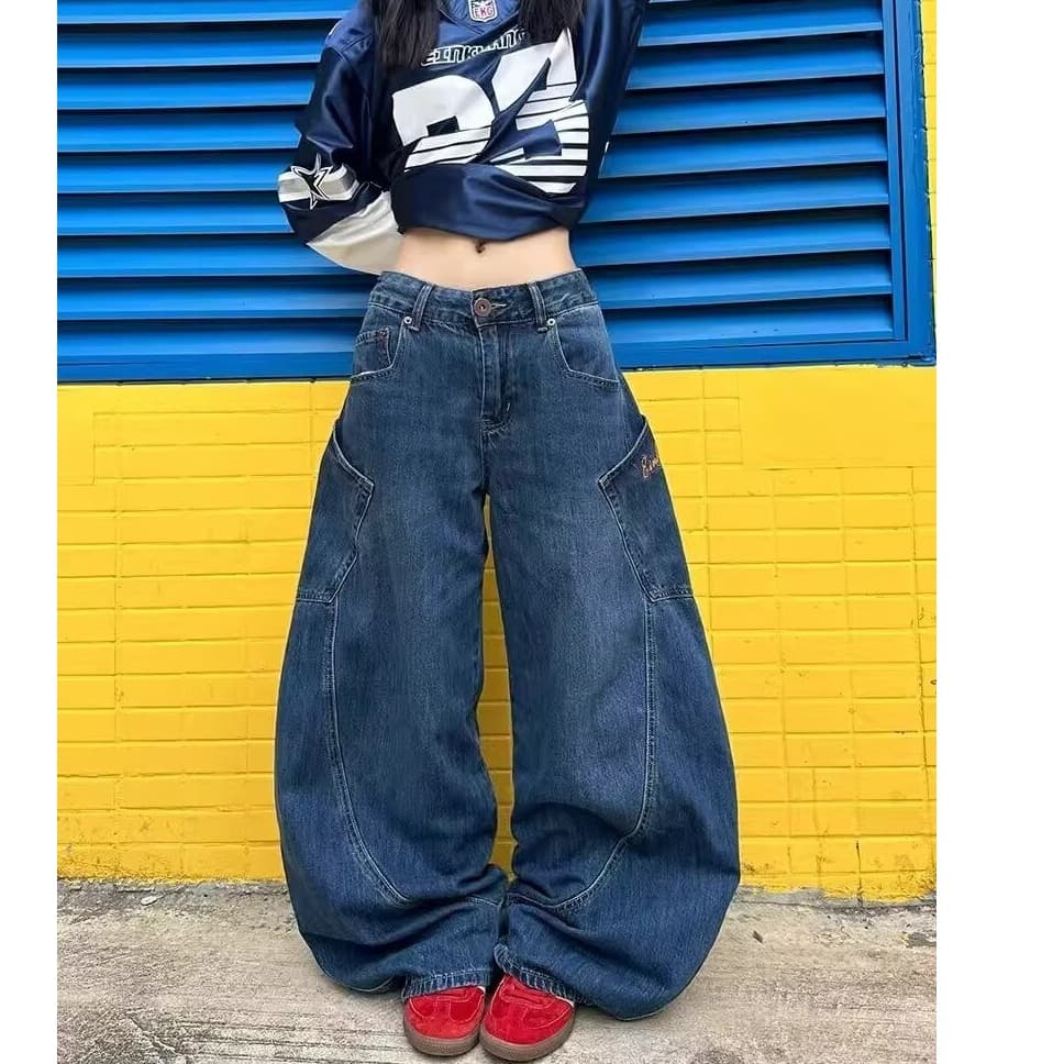 한국 chic 봄 새로운 아메리칸 빅 포켓 모통이 칼 청바지 남녀 루즈핏 자수 넓은 다리 바닥 청소 바지 트렌디 상세 이미지 23