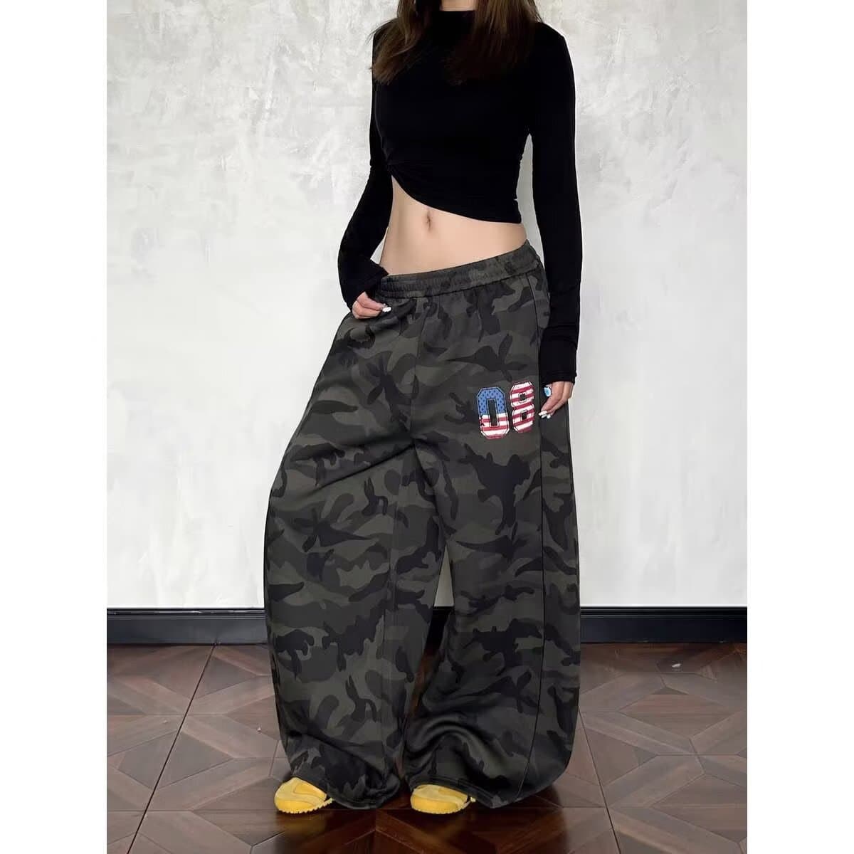 한국 chic 아메리칸 여름 카모플라주 긴 바지 캐주얼 바지 루즈핏 워크웨어 팬츠 섹션 스트레이트 팬츠 빅 사이즈 운동 바지 여성 상세 이미지 2