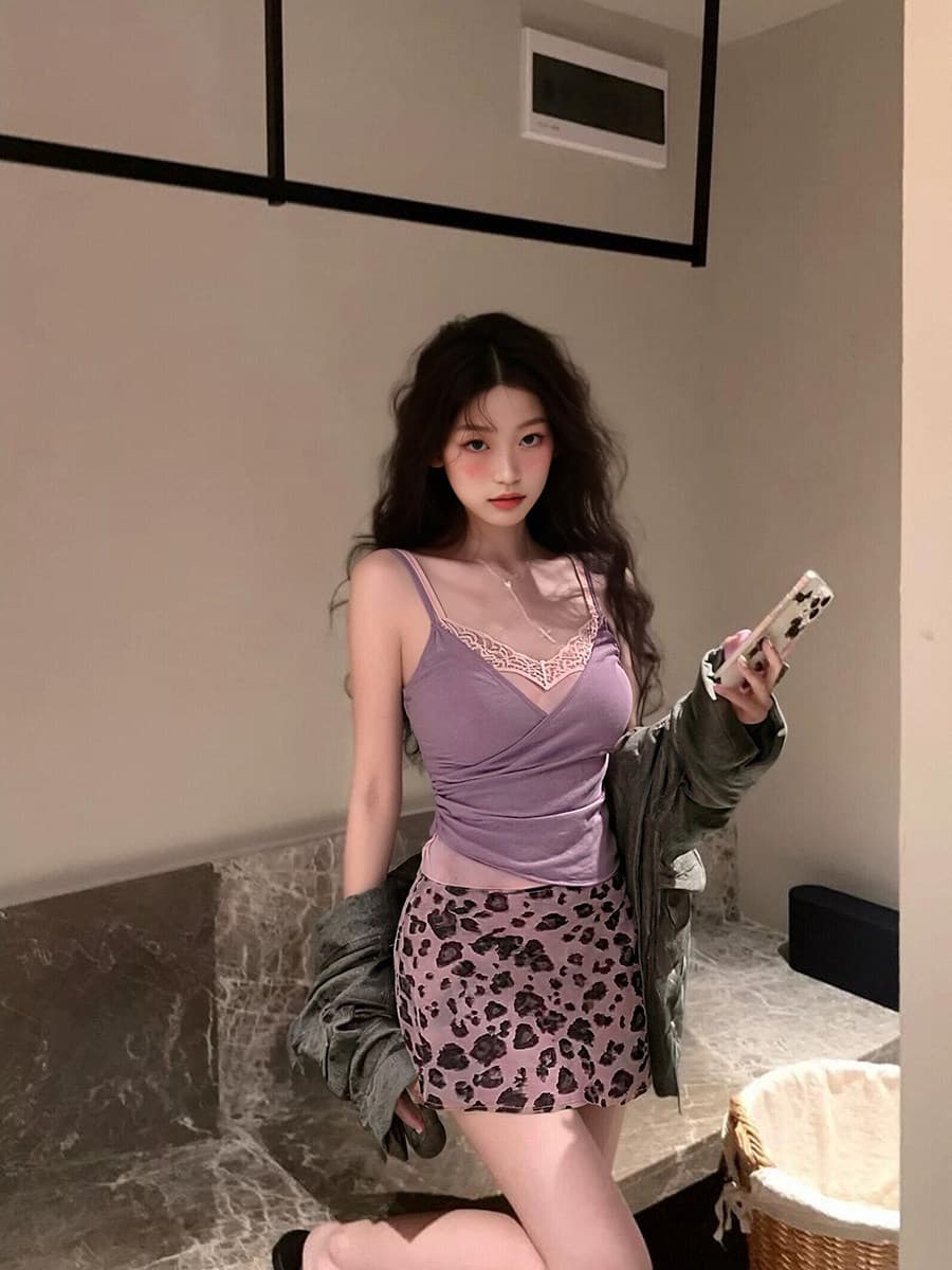 순수한 욕망 바람 보라색 레이스 조각 슬립 미니 스커트 여성 여름 허리 수축 조끼 맨위 레오파드 무늬 반신 스커트 투피스 세트