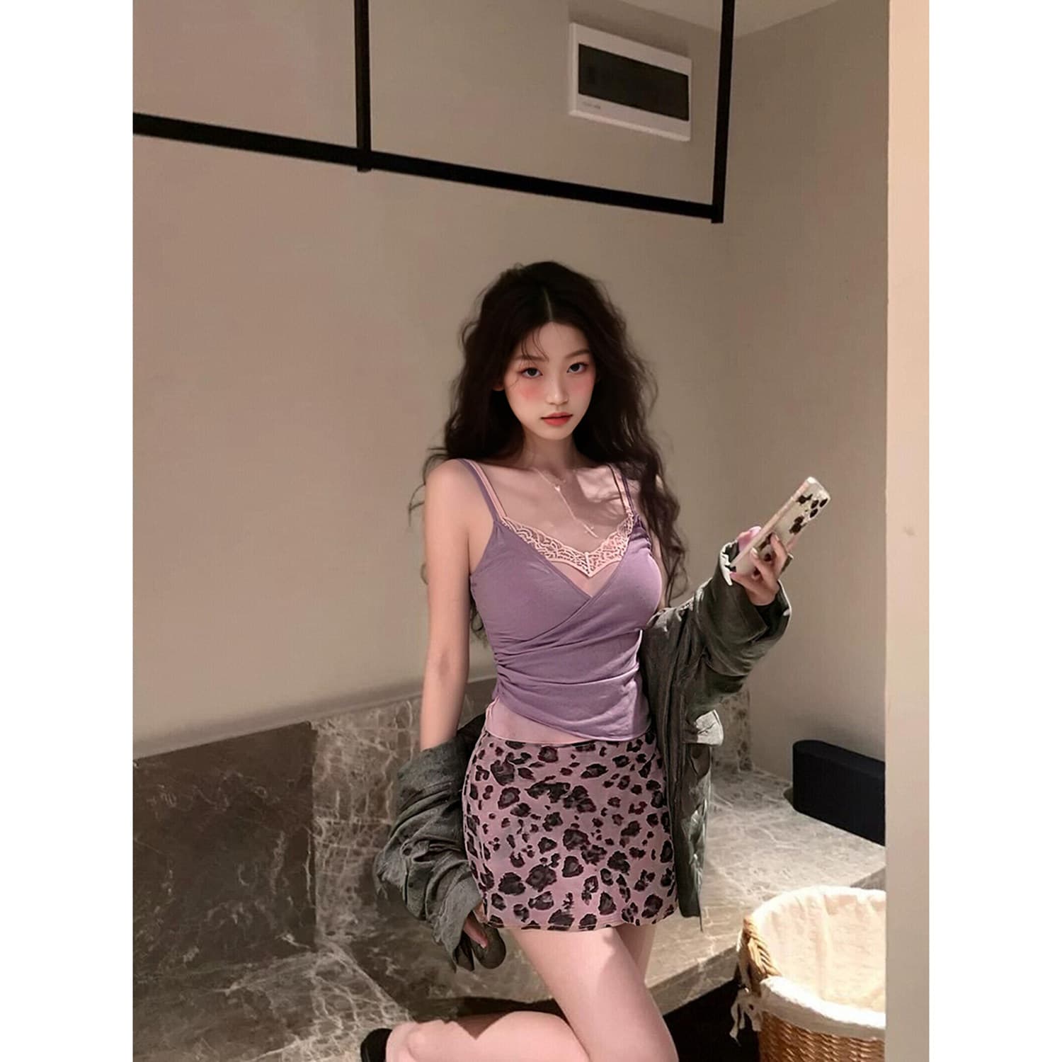 순수한 욕망 바람 보라색 레이스 조각 슬립 미니 스커트 여성 여름 허리 수축 조끼 맨위 레오파드 무늬 반신 스커트 투피스 세트 상세 이미지 8