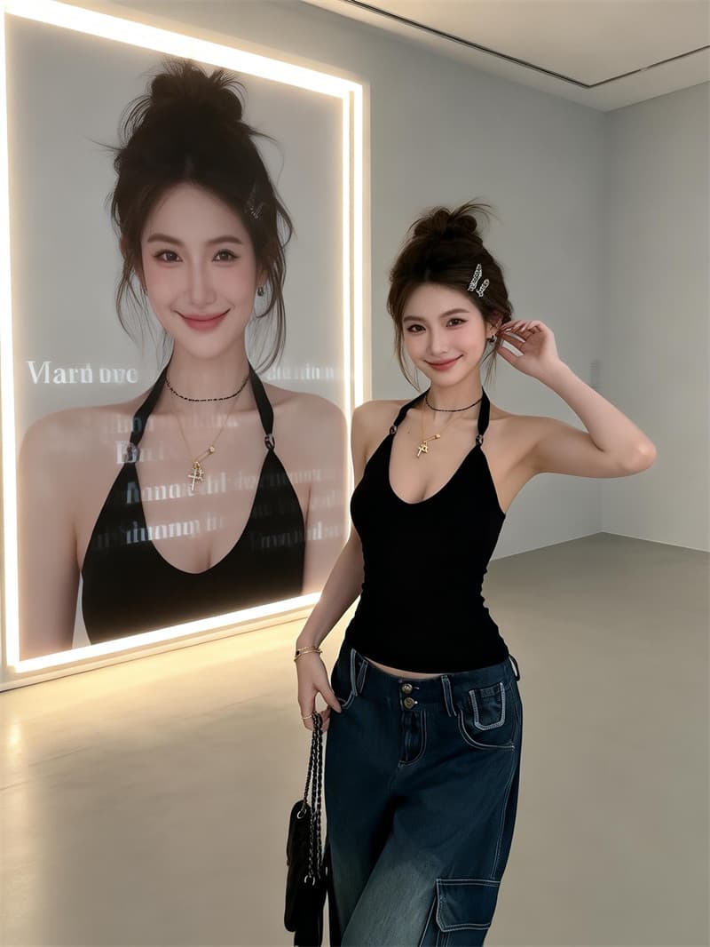 디자인 센스 비즈 행침 목 V넥 작은 심장 기계 핫걸 캐미솔 여름 새로운 몸매 가꾸기 슬림해 보이는 맨위 트렌디 상세 이미지 3