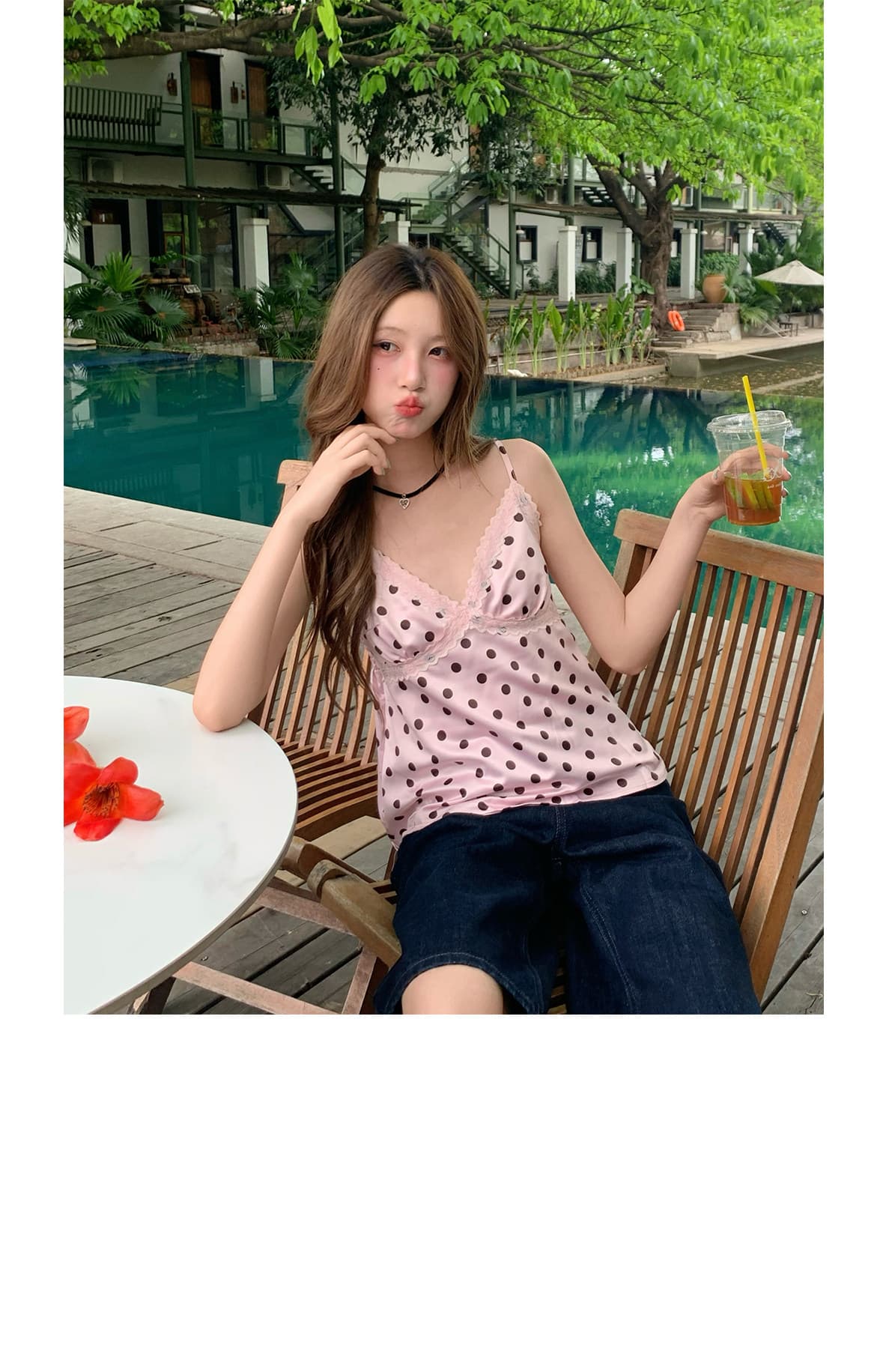 달콤한 차 아메리칸 레이스 레이스 V넥 도트 무늬 캐미솔 2026 여름 여성 핫걸 섹시함 백리스 작은 셔츠 아름다움 뒤로 상세 이미지 15