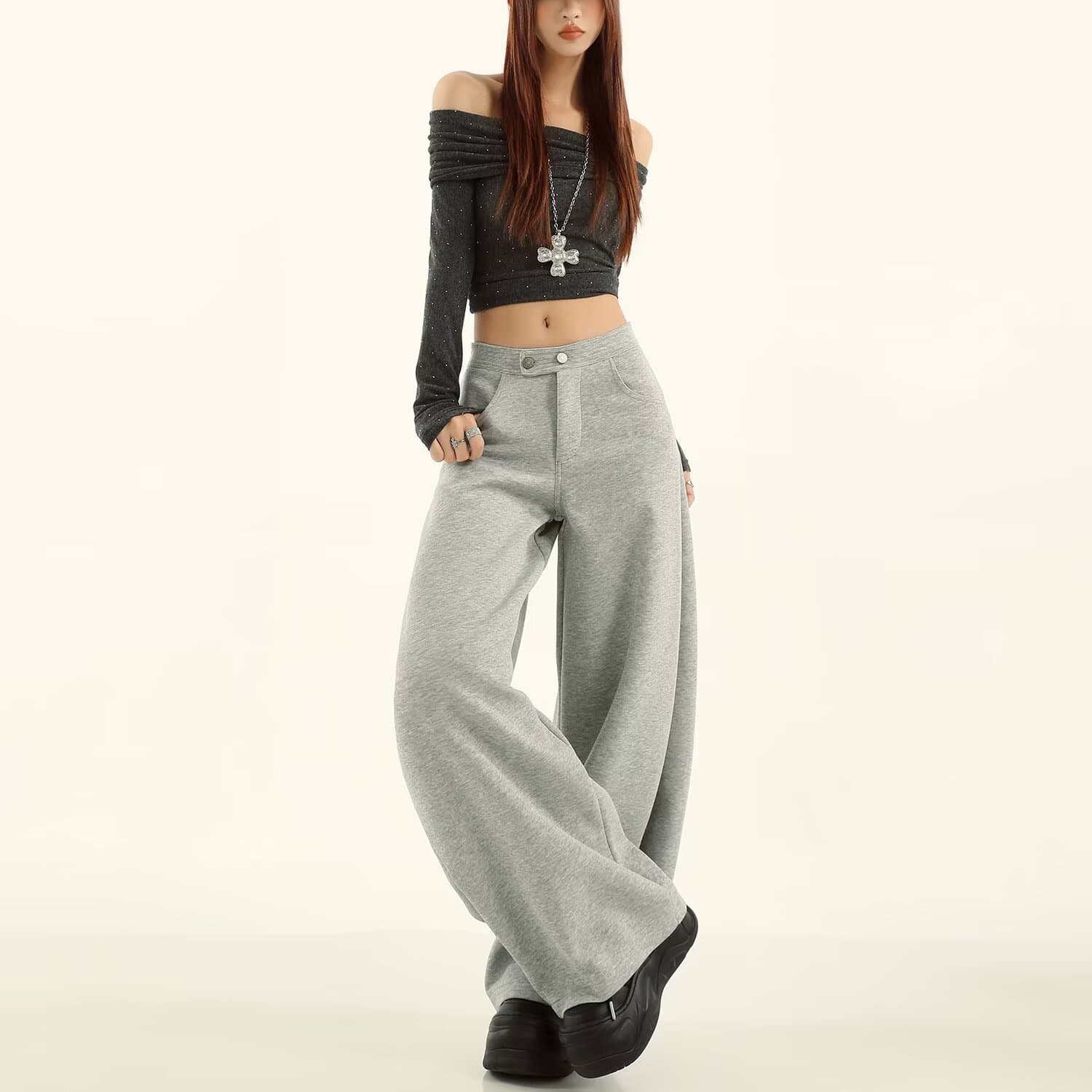 한국 chic 아메리칸 핫걸 펌프 로프 운동 바지 여성 봄 하이웨이스트 도루 센스 루즈핏 캐주얼 스트레이트 넓은 다리 웨이 바지 상세 이미지 9