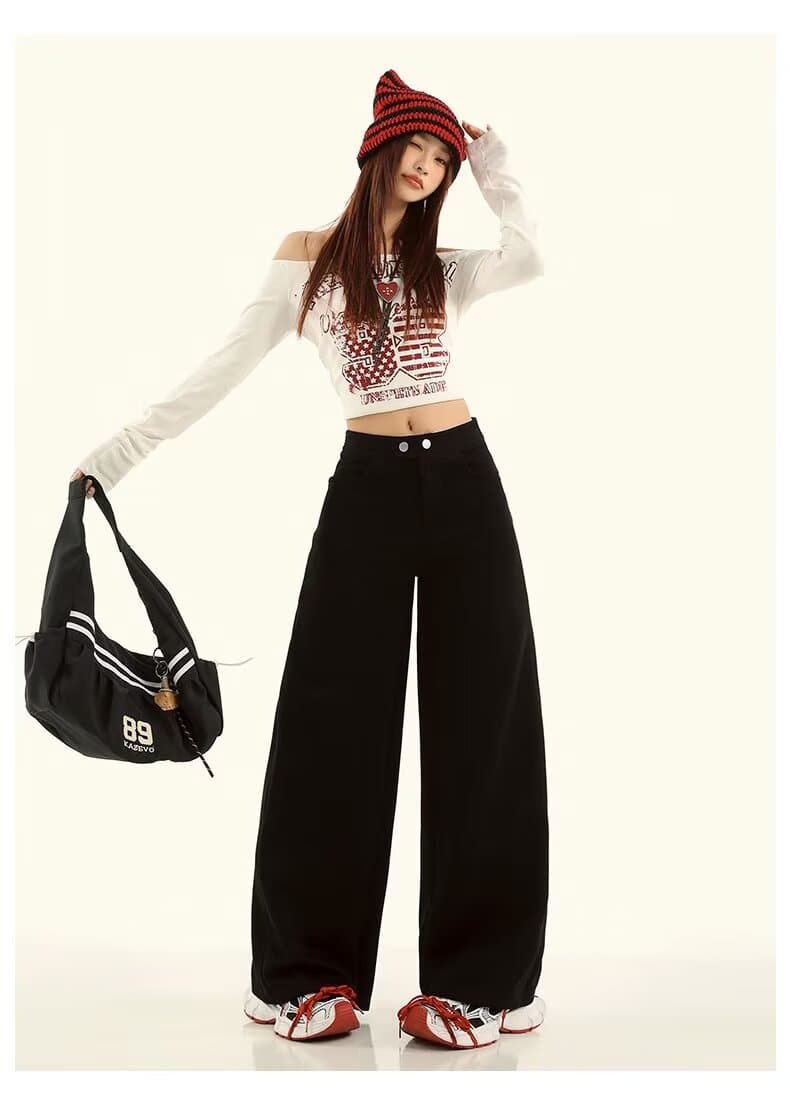 한국 chic 아메리칸 핫걸 펌프 로프 운동 바지 여성 봄 하이웨이스트 도루 센스 루즈핏 캐주얼 스트레이트 넓은 다리 웨이 바지 상세 이미지 49