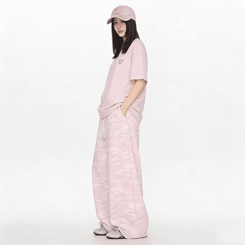 한국 chic 봄 아메리칸 레트로 펌프 로프 핑크색 카모플라주 워크웨어 팬츠 루즈핏 넓은 다리 캐주얼 운동 바지 아이들 이미지 5