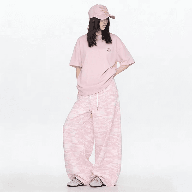 한국 chic 봄 아메리칸 레트로 펌프 로프 핑크색 카모플라주 워크웨어 팬츠 루즈핏 넓은 다리 캐주얼 운동 바지 아이들 이미지 4