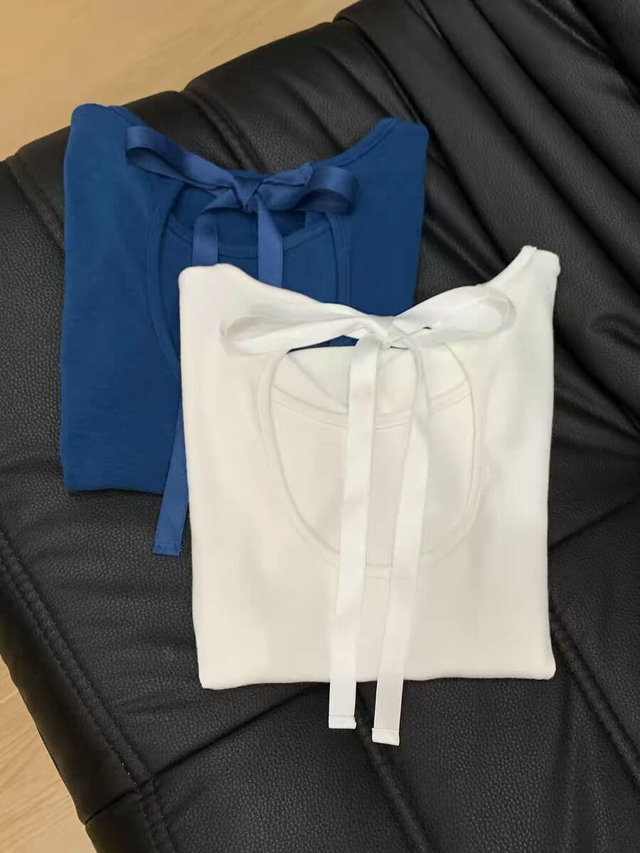 순면 여름 새로운 한국 스타일 아메리칸 백리스 나비 넥타이 반팔 티셔츠 여성 ins 몸매 가꾸기 핫걸 맨위 상세 이미지 5