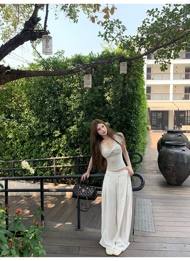 원본 주간 실크 V넥 레이스 비틀림 꼬집기 허리 반팔 티셔츠 여성 여름 핫걸 몸매 가꾸기 슬림해 보이는 긍정적 인 어깨 타이트 맨위 상세 이미지 36