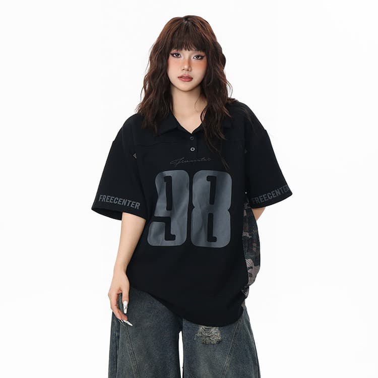 원본 한국 스타일 아메리칸 레트로 패치워크 카모플라주 POLO 셔츠 반팔 남녀 저지 티셔츠 폴로 칼라 여름 새로운 상세 이미지 2