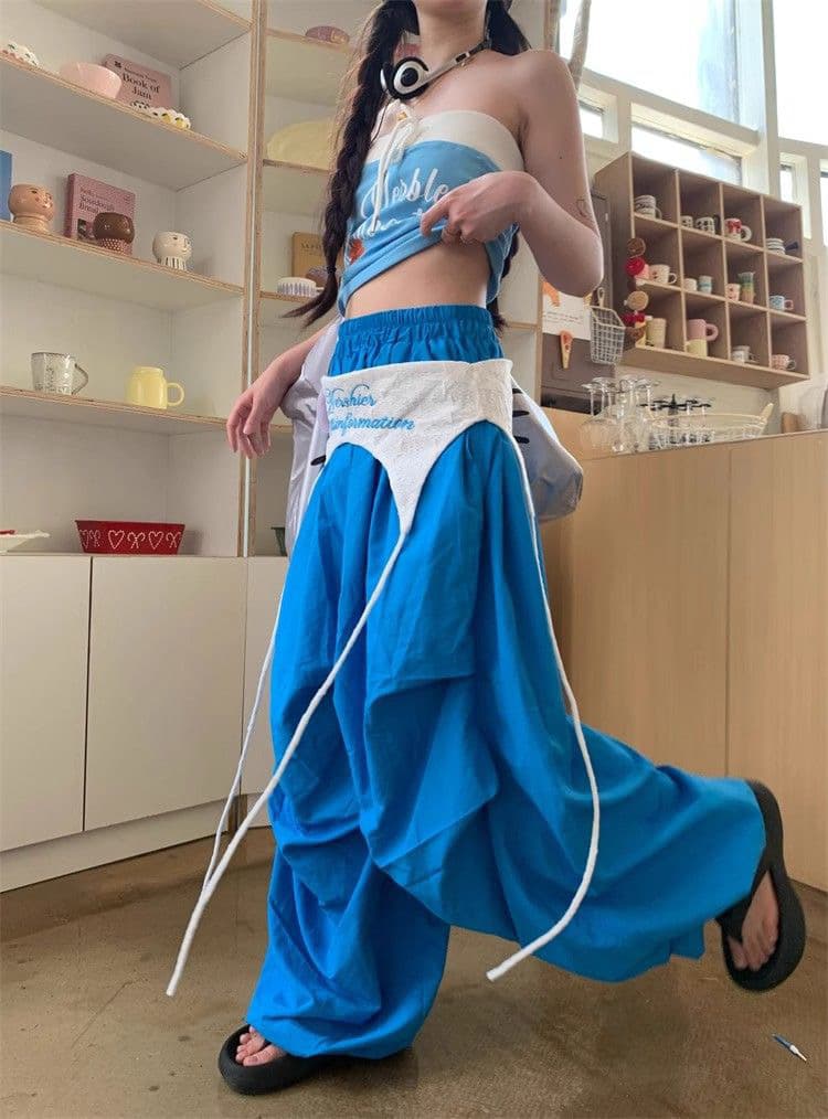 한국 스타일 아메리칸 여름 새로운 핫걸 디자인 센스 다용도 낙하산 병 바지 여성 루즈핏 스트리트 댄스 주름 운동 와이드 레그 팬츠 상세 이미지 11