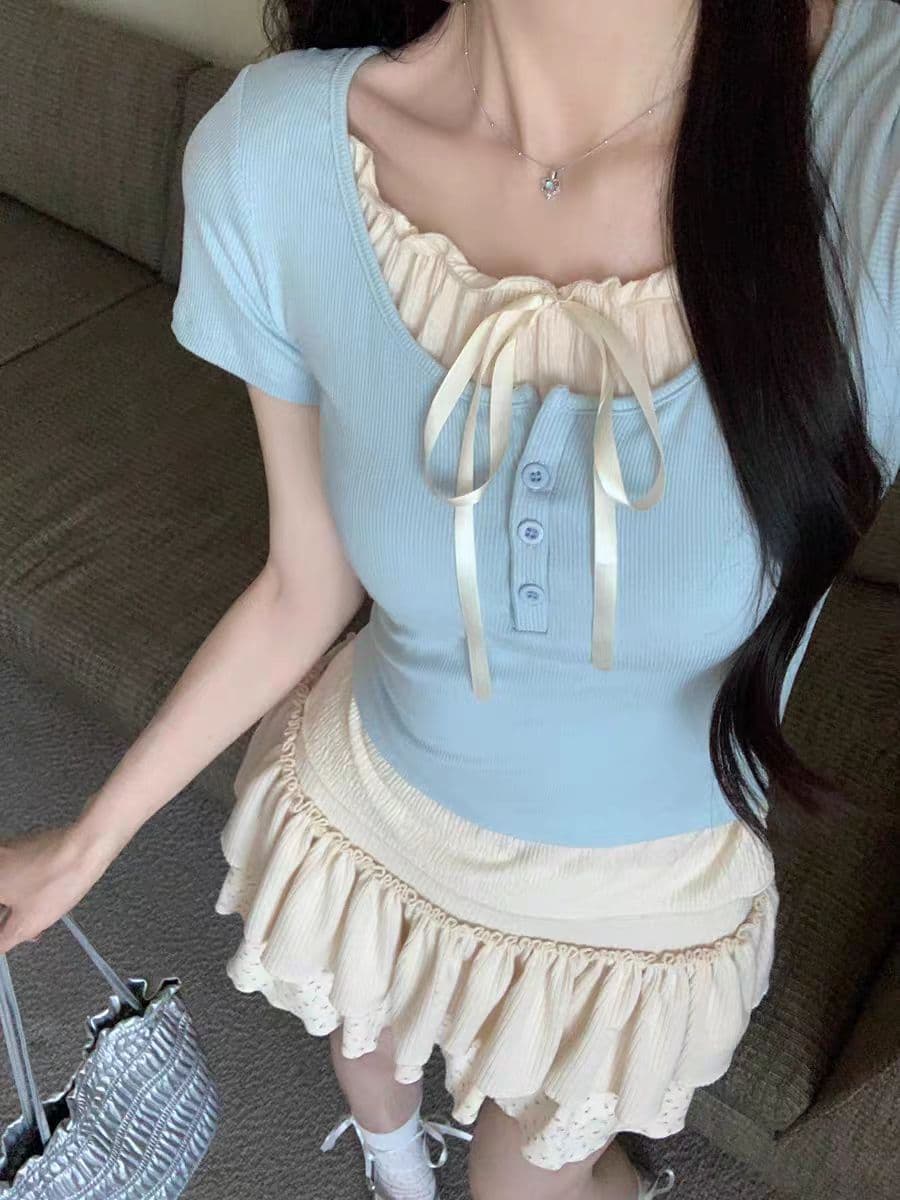 벨트 가슴 패드 아메리칸 레트로 발레 바람 연령 감소 페이크 레이어드 반팔 티셔츠 여성 디자인 센스 작은 대중 핫걸 맨위 트렌디 상세 이미지 16
